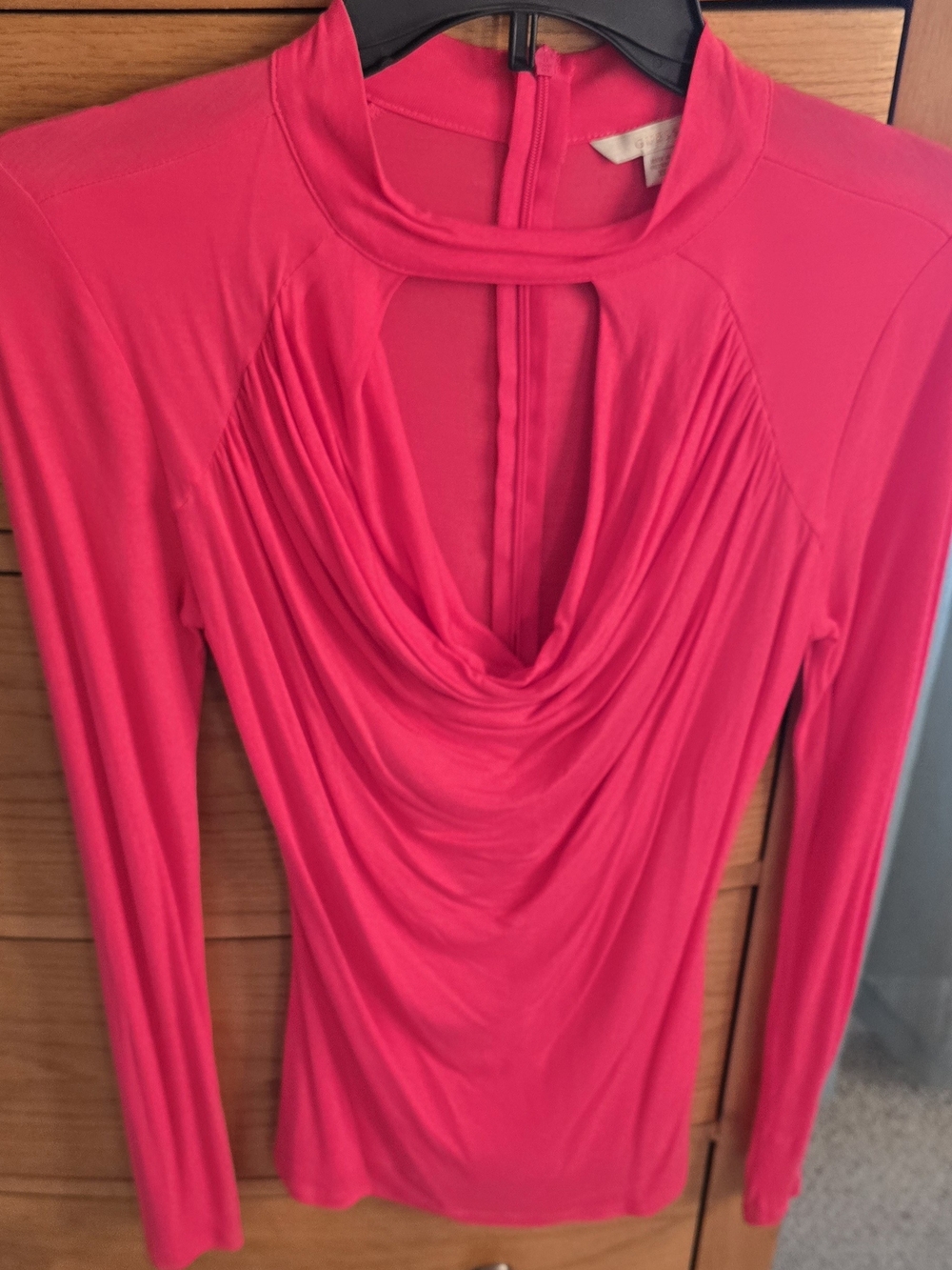 Guess Draped Cowl Neck Long Sleeve Top in Bright Pink, Keyhole Top, XS